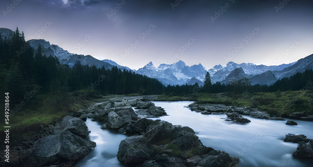 Digital Illustration Landscape Mountains River Digital Illustration Landscape Mountains River