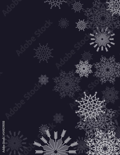 Veritical Banner. Blue snowflakes on a dark blue background. Vector flat illustration. Christmas, winter. photo