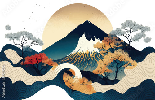 Minimalistic mountain landscape with watercolor gold brush and texture in traditional oriental, Japanese style. Vector illustration