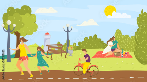 Leisure at nature park, summer landscape with tree vector illustration. Man woman people character outdoor lifestyle in city.