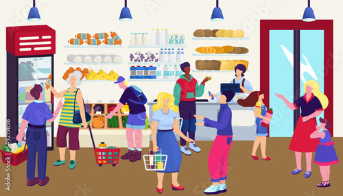 Store with food, vector illustration. Woman man customer people character at ...