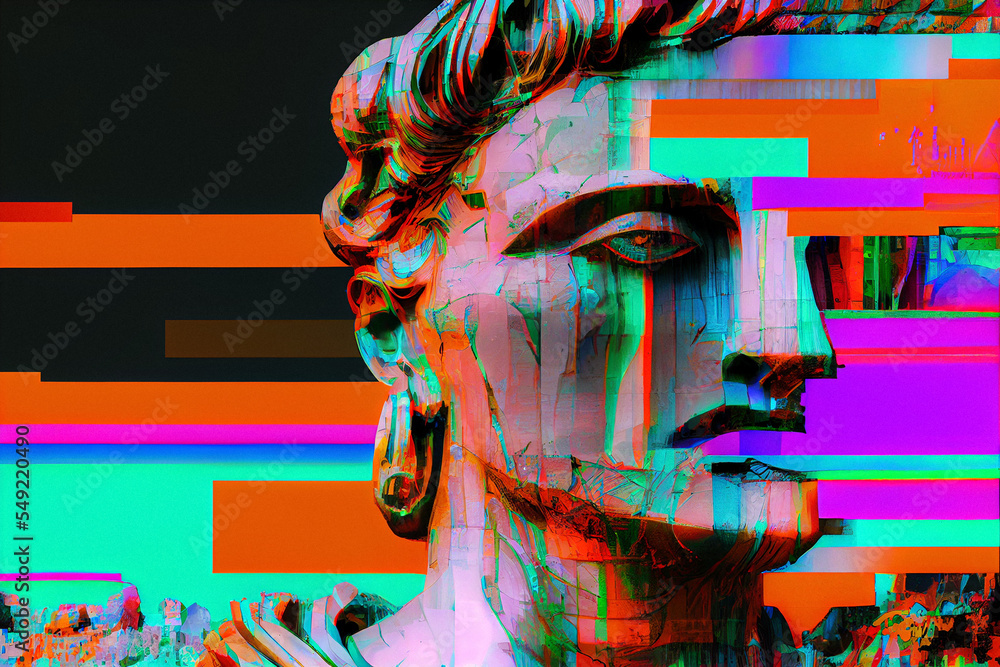 Glitch art portrait of an ancient Greece statue. Abstract, neon and acid colors background.	