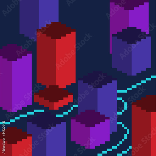 Dark Blue Isometric Background With 3D Tall Blocks Pixelated Rendered