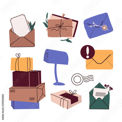 Collection of different envelopes with mail, postmarks, and postcards vector flat illustration. Set of various craft paper letters, boxes, mailbox, and handmade cards isolated. Flat style photo