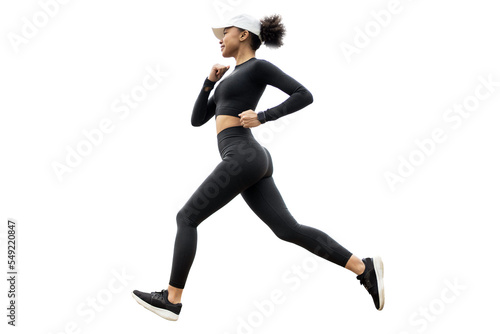 Fototapeta Naklejka Na Ścianę i Meble -  Female runner transparent background. He runs fast in sports clothes.