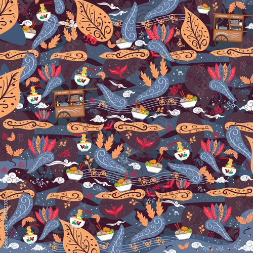 
Javanese batik pattern, a culinary blend of chicken noodles and carts with modern motifs