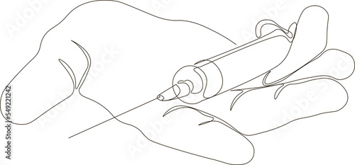 Continuous one line drawing of a syringe with a needle lying in a hand, minimalist design. Stop addiction