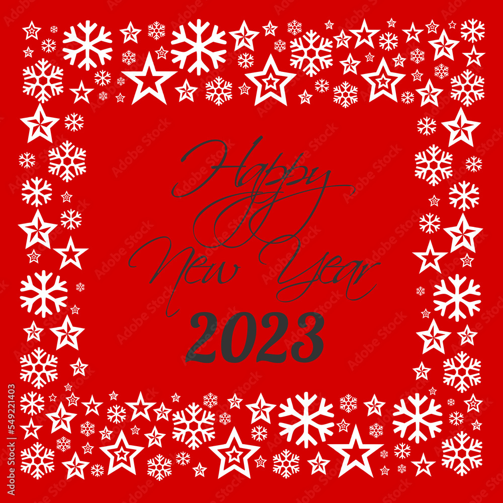 Square wish card 2023 written in English in black font with a lot of white stars on a red background - 