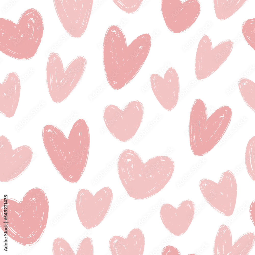 Cute Hand Drawn Love Seamless Pattern. Abstract pink hearts with chalk grunge texture on white. Vector Ink textured background for Valentines Day greeting card, wrapping paper, fabric design print