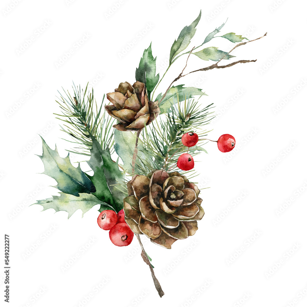 Watercolor Christmas bouquet of branches with leaves, pine cone and red ...