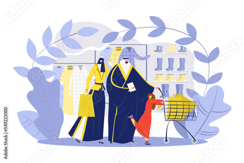 Muslim family in hijab shopping, vector illustration. Arabic people buy clothes in flat supermarket background design. Cartoon man woman character