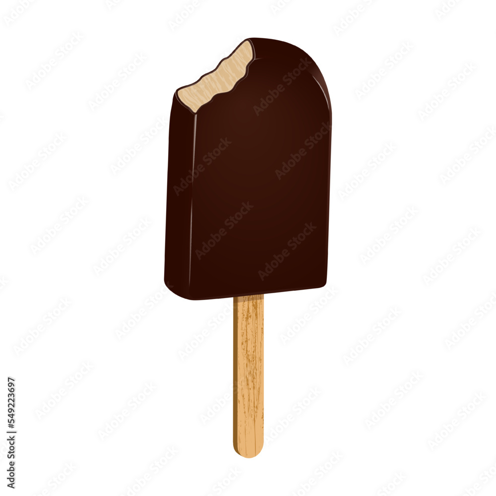 Bitten chocolate popsicle on a wooden stick. Ice cream in chocolate glaze. Frozen product sweet food. Realistic 3D food poster. Vector illustration. Bitten chocolate popsicle on a wooden stick. Ice cream in chocolate glaze. Frozen product sweet food. Realistic 3D food poster. Vector illustration.