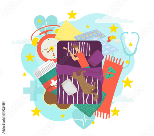 Insomnia night problem, sleep with flat pills vector illustration. Fatigue disorder, man character at cartoon bedtime. Sleep deprivation treatment