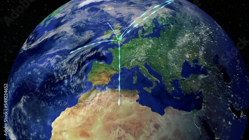 Zoom out of Uk, England through clouds to see the Earth from space. Also showing global growth network.