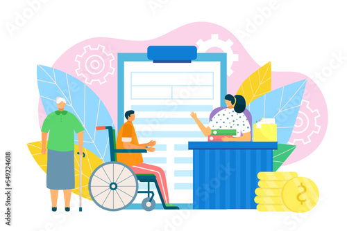 Financial benefits with document form, vector illustration. Disability people protection, pension for retirement. Man at wheelchair