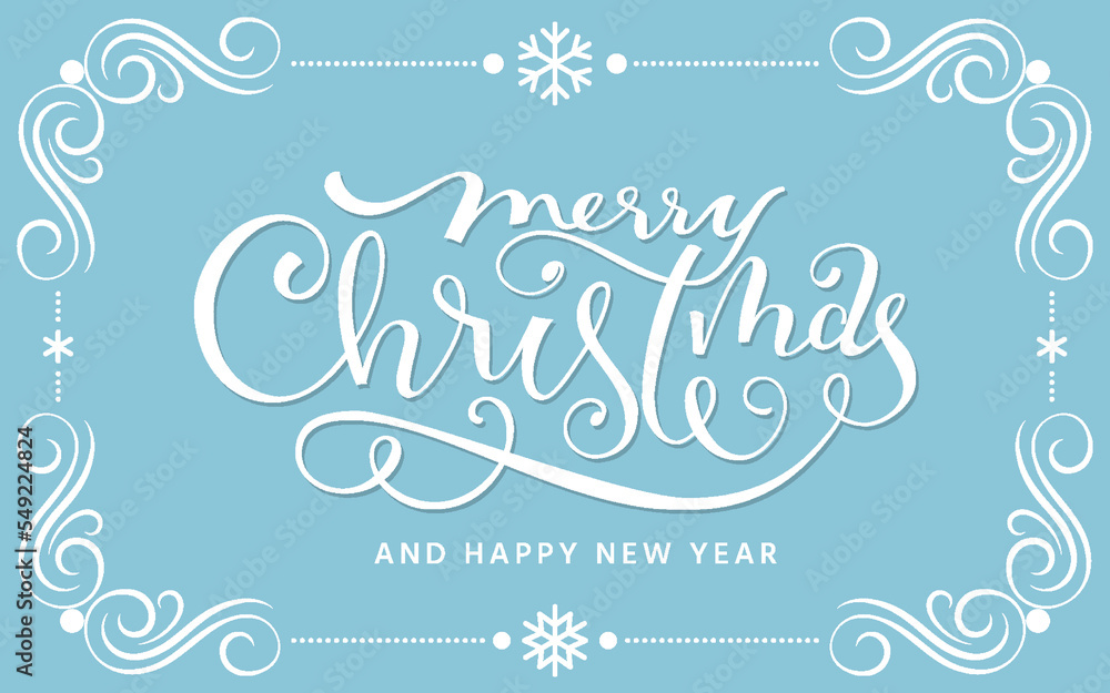 Merry Christmas Happy New Year greeting card. Xmas background with vintage calligraphic frame, brush pen hand lettering typography inscription. Winter holiday postcard, web banner poster overlay