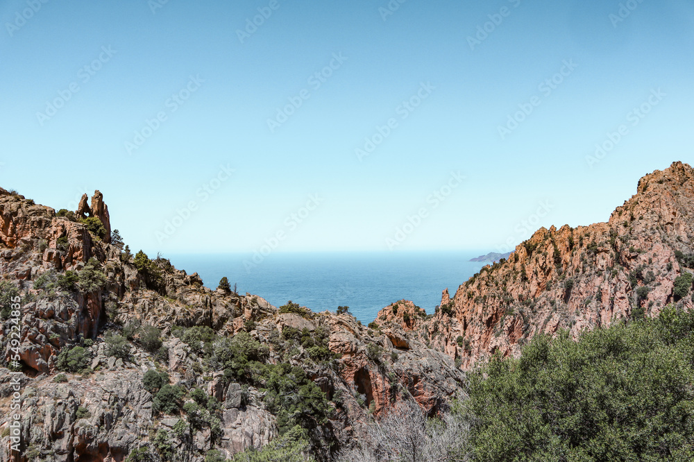 Views in Corsica with mountain rocks and the sea. 