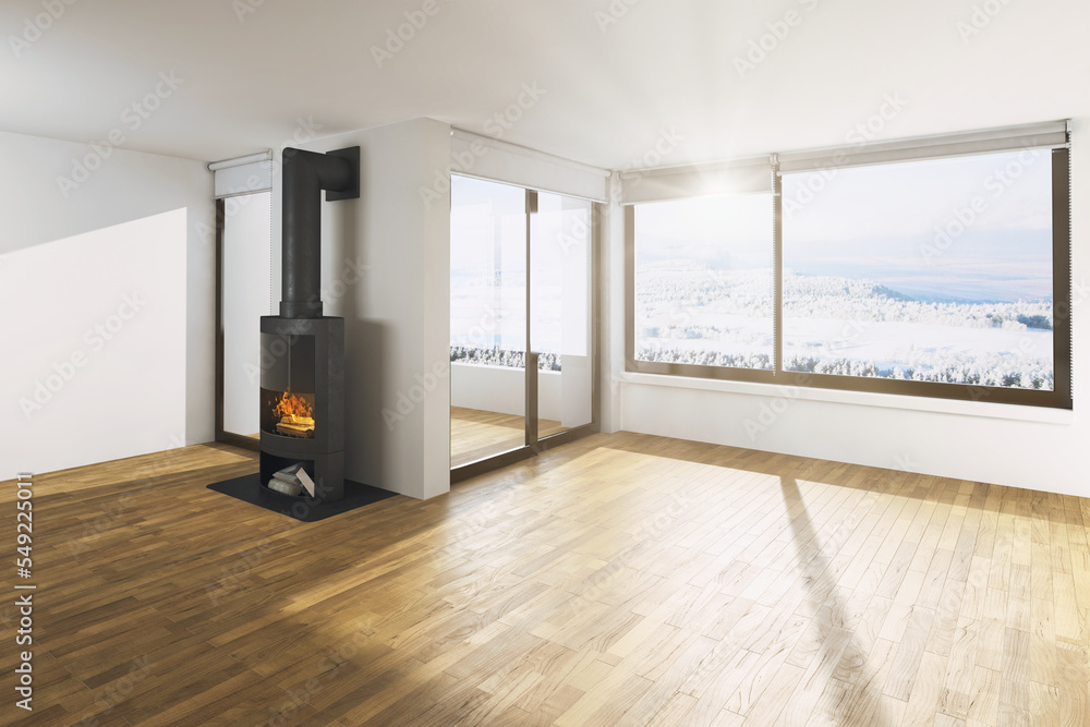 Fototapeta premium Wärme zur Winterzeit: Kaminofen in einem sonnigen Wohnzimmer - 3D Visualisierung