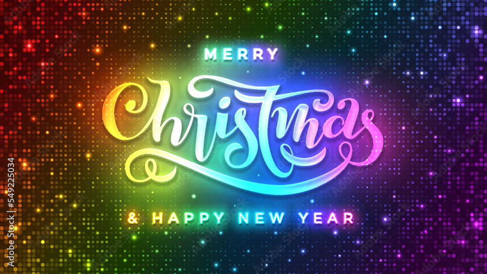 Merry Christmas Happy New Year hand lettering neon sign. Night bright fluorescent rainbow luminous signboard banner. Sparkle glowing Xmas trendy poster. Disco glitter neon light space star background