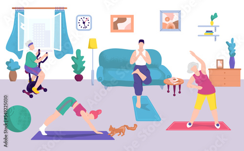 Fitness exercise at home, vector illustration. Family people at healthy sport training, woman man character workout activity lifestyle.