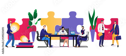 Teamwork business puzzle concept, vector illustration. People work for cooperation partnership, success strategy idea. Man woman character