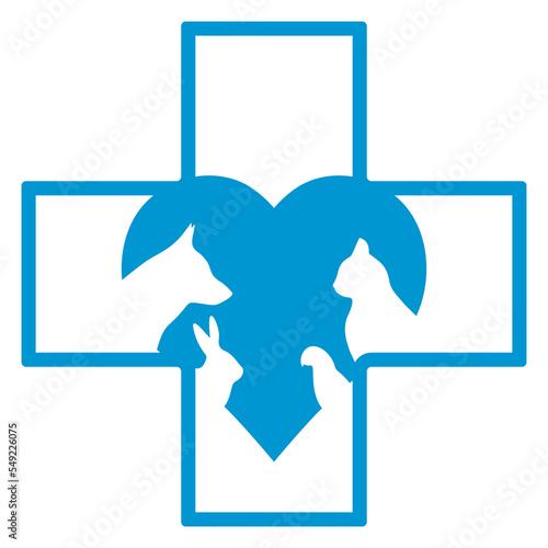Illustration logo of a veterinary clinic.Pets with a heart on the background of a medical cross