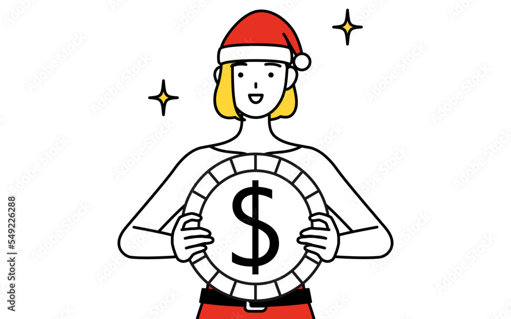 為替差益やドル高のイメージ、サンタクロース姿の女性