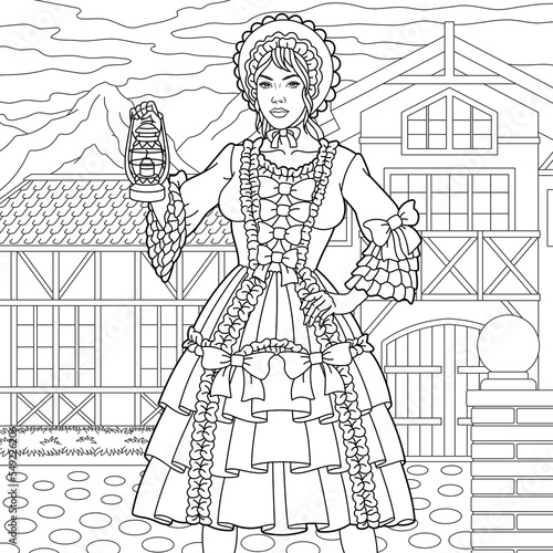 Beautiful woman in vintage dress holding lantern. Adult coloring book page in mandala style.
