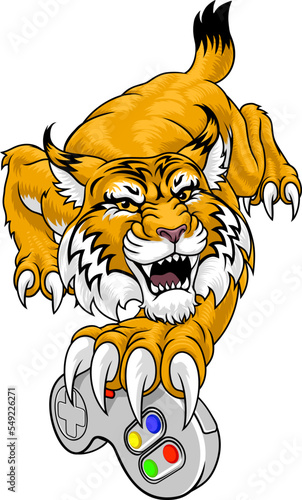 A wildcat or bobcat gamer with video game controller sports team animal mascot
