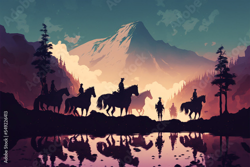 silhouette of a anime character with a group of Horses looking a Montaign lake,digital art,illustration,Design photo