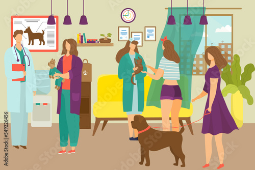 Veterinarian hospital, medicine for sick pet at vet clinic vector illustration. Veterinary specialist doctor look at animal, dog health.