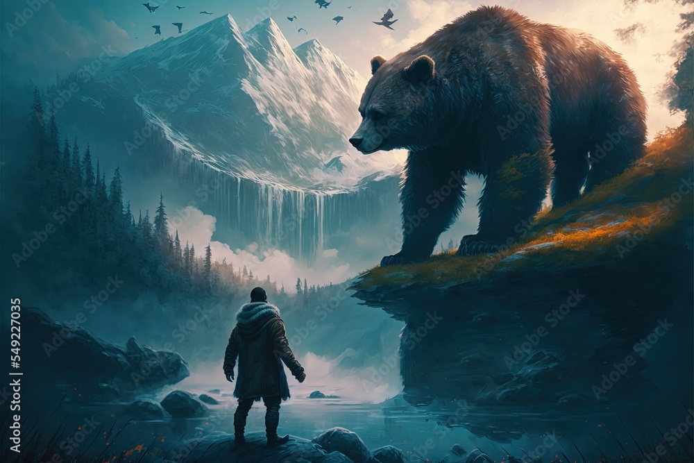 Man confront with a giant bear in the forest. fiction. fantasy scenery. concept art. - obrazy, fototapety, plakaty 