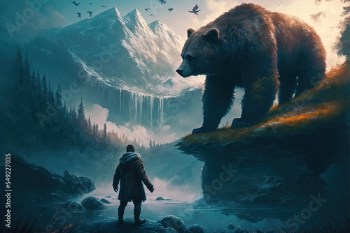 Man confront with a giant bear in the forest Fototapeta