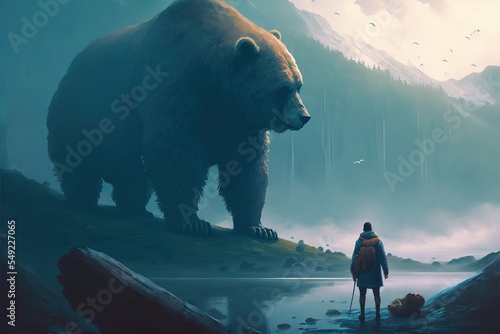 Fototapete Man confront with a giant bear in the forest