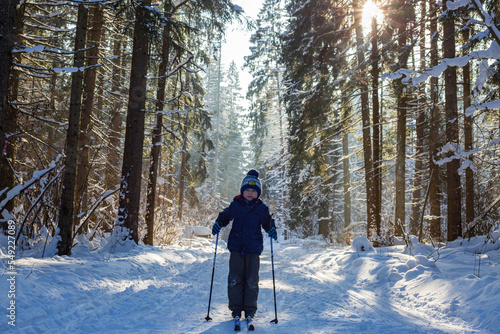 Asian boy is skiing in the forest  © grigorylugovoy