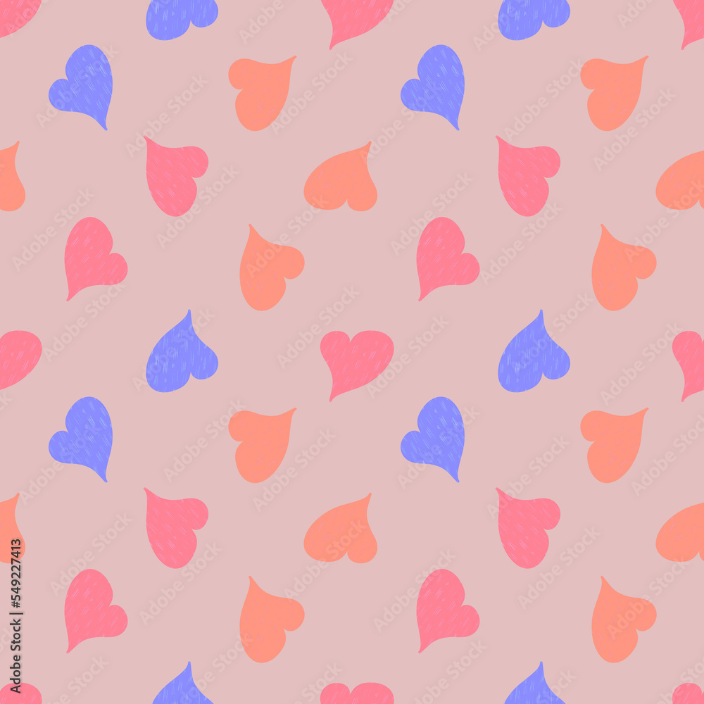 Simple seamless pattern with hearts. Valentines day background. Design for packaging, notebooks, planner and textiles. Pastel pink, yellow and violet hearts on a pink background