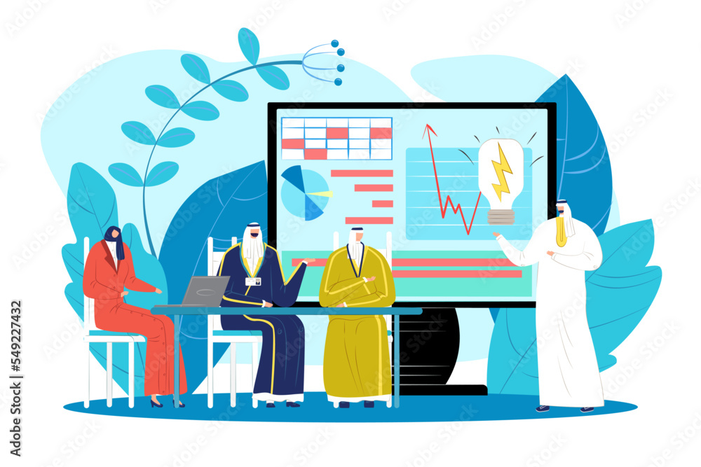 Successful arabic business vector illustration. People in office professional meeting. Arab team professionals in Muslim suit at presentation.