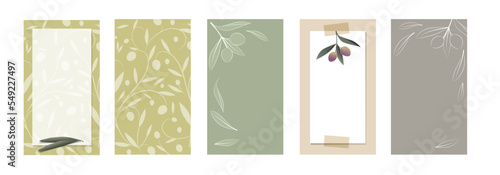 Backgrounds with vegetable motifs related to olive oil. Good for labels, invitations, packaging or social media stories. Symbol of culture and Mediterranean food. photo