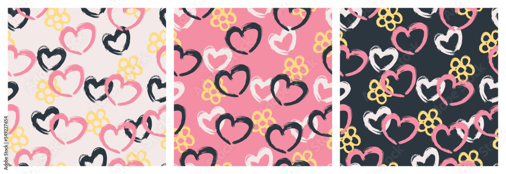Seamless pattern with hand drawn hearts, flowers and brush stroke texture. Each pattern is isolated. Cute print for St. Valentines day, wrapping paper, cover and othe using. Vector illustration. Set.