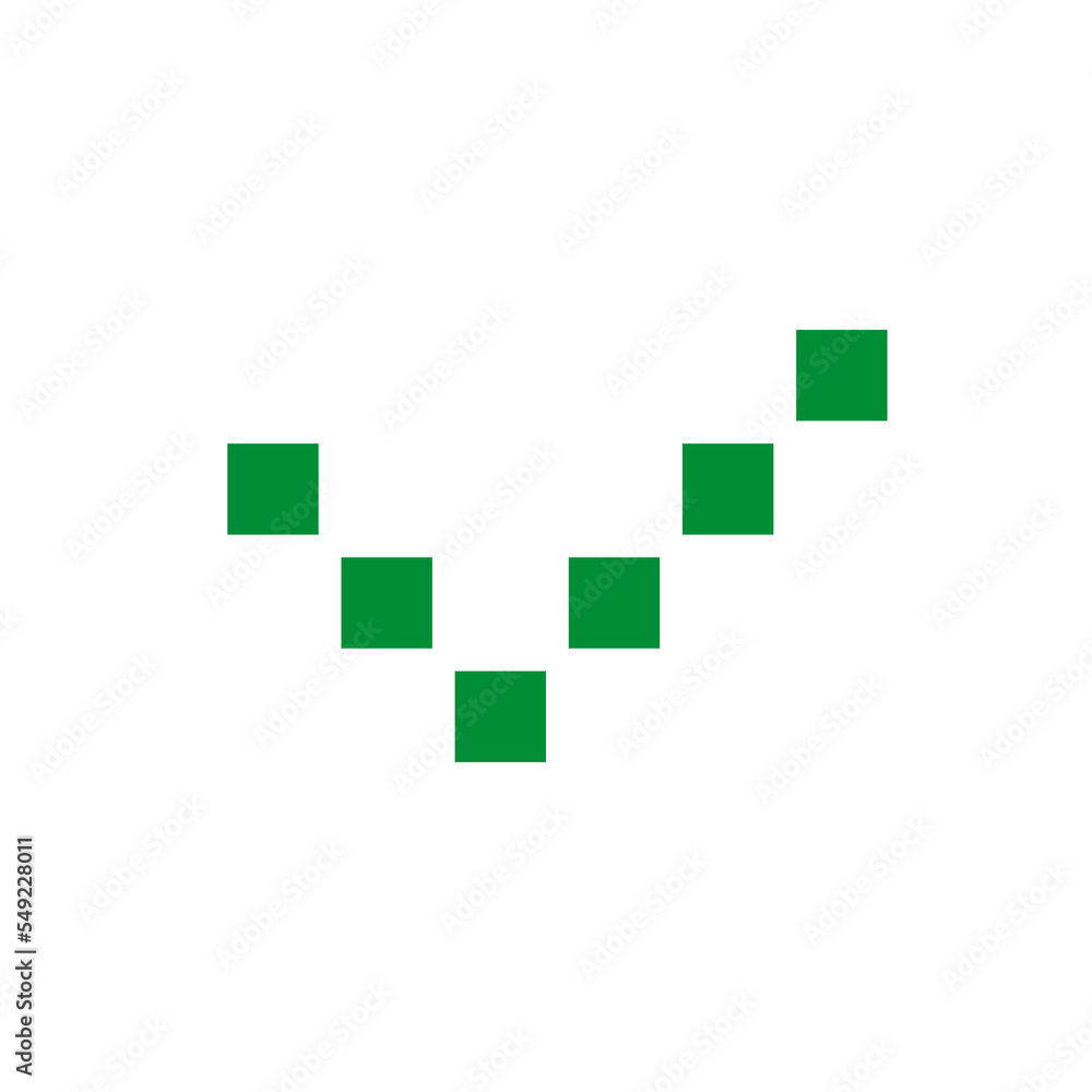 Green check mark symbol. Vector icon. Pixel art and dot style.  