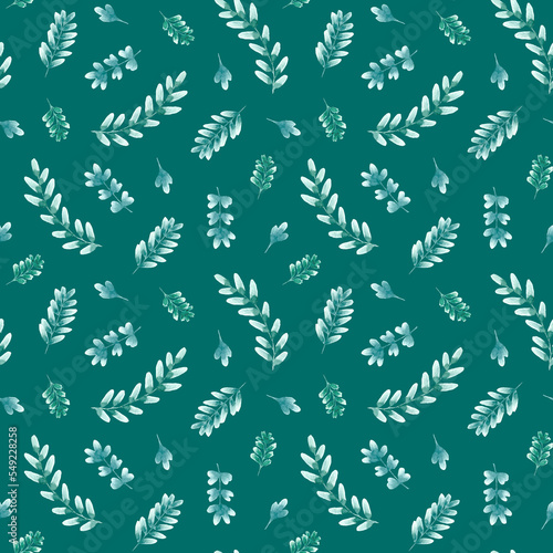 Watercolor pattern with green leaves on a dark background. Design for fabric and printing on paper. Seamless pattern with different leaves and branches.