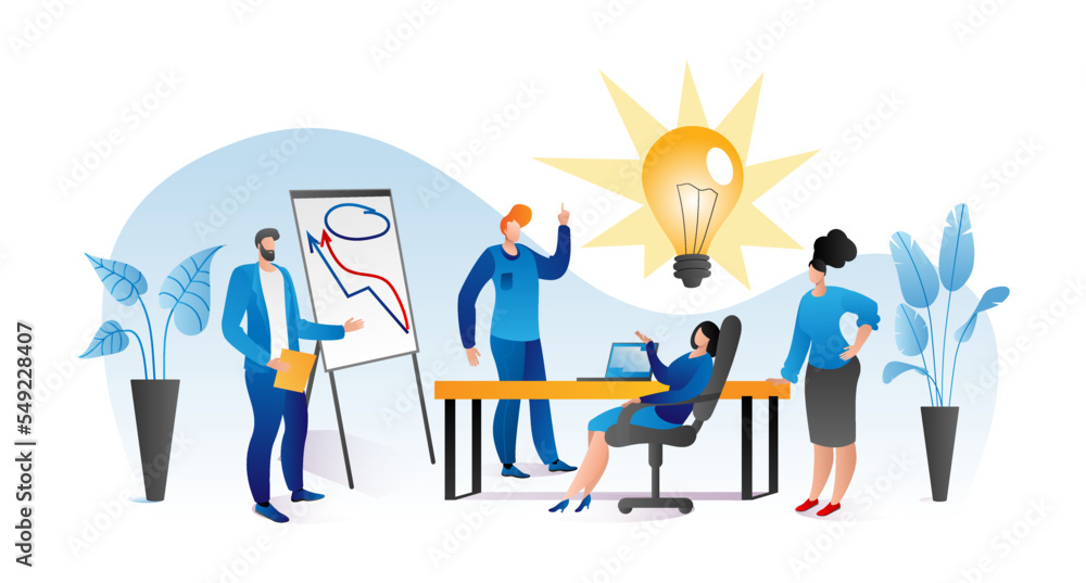 Business team creative idea concept, vector illustration. People character work at group meeting, teamwork marketing background.