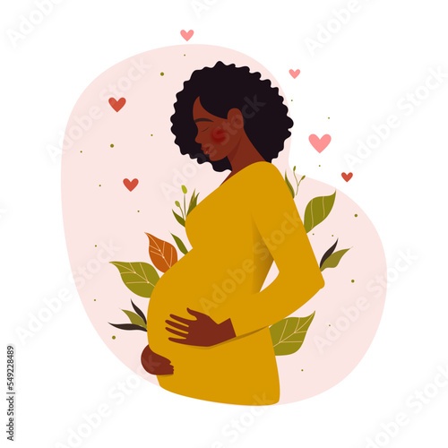 Afro American pregnant woman holds her belly. Decorated beautiful leaves. Decorated beautiful leaves. Vector illustration.