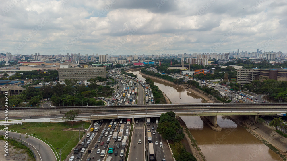 BRAZIL SAO PAULO NOVEMBER 24, 2022 Aerial view of traffic on Marginal Tietê near Ponte dos Bandeiras