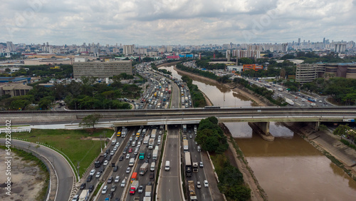 BRAZIL SAO PAULO NOVEMBER 24, 2022 Aerial view of traffic on Marginal Tietê near Ponte dos Bandeiras