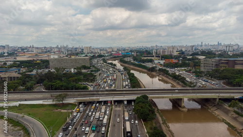 BRAZIL SAO PAULO NOVEMBER 24, 2022 Aerial view of traffic on Marginal Tietê near Ponte dos Bandeiras