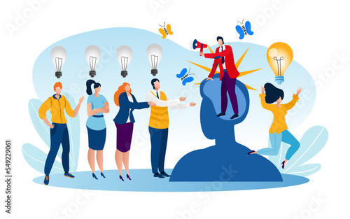 Business team people wait for idea light bulb from creative person concept, vector illustration. Flat man woman character stand in line