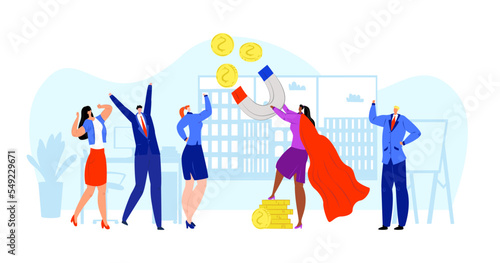 Finance magnet for business dollar investment, vector illustration. Man woman people character attract money, cartoon financial rich income.
