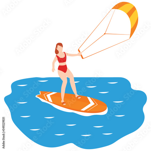 illustration of kite surfing woman takes part at kite surfing design vector