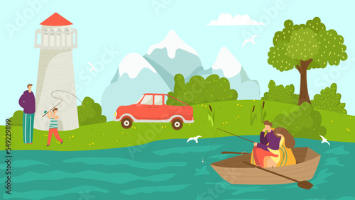 Fishing at nature lake, vector illustration. People character leisure, hobby ...